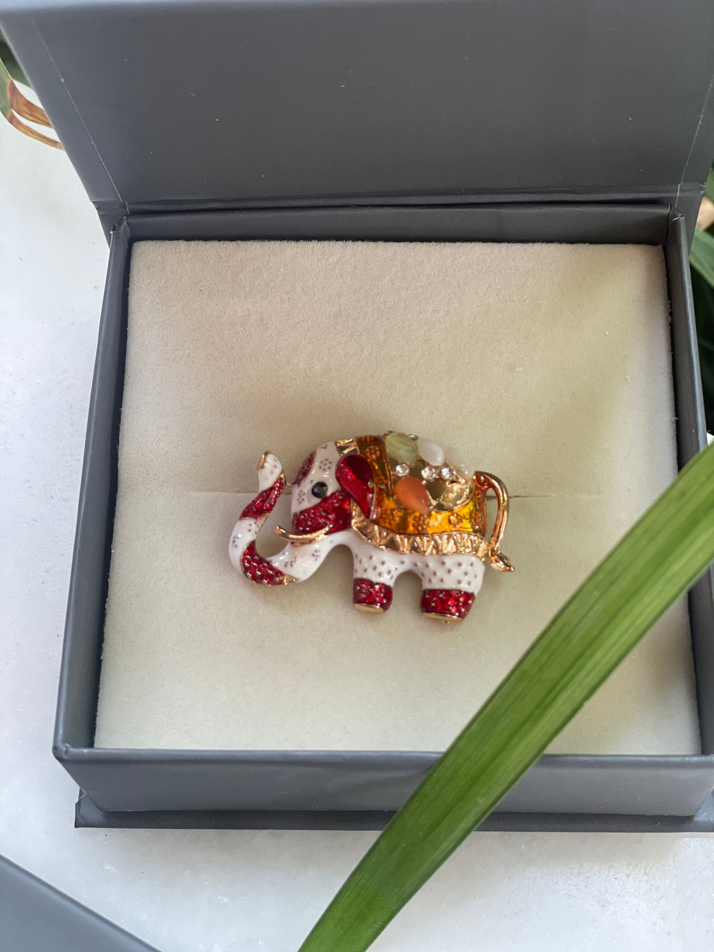 RED WHITE ELEPHANT BROOCH